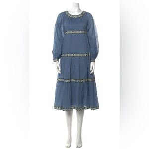 Tory Burch Blue Long Sleeve Dress with Patterned Trim